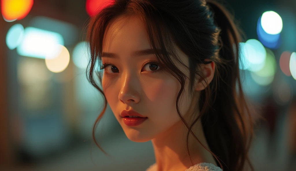 ( The best quality, 8K,  masterpiece : 1.3),  Clear focus: 1.2, Beauty: 1.4,  Abdominals : 1.1,  brown hair, water dress: 1.4, Night in the open air: 1.1,  city streets , thin face and eyes, Double eyelid.  Realistic lighting added ,  pay attention to adju...