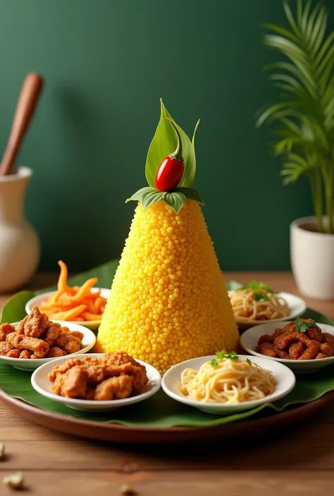  Draw a conical yellow rice with a side dish , chicken,  noodles and chili fries laid out and decorated neatly on the side Tumpeng.  On the top of the stack there is a decoration of banana and chili leaves decorated .  on a tray with a base of banana leave...