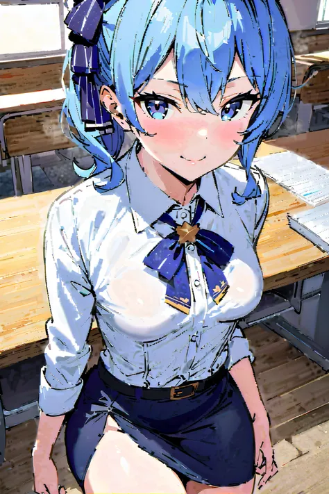 NSFW,masterpiece, best quality, high definition , Very detailed, Hoshimachi Suisei( hololive ),Small breasts,teacher, dress shirt , pencil skirt,Glasses,School,classroom,Bad Smile