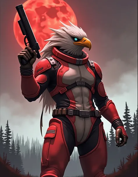 masterpiece, best quality, alien, (half-eagle, eagles head), male focus, solo, solo focus, dynamic standing pose, beak, white with red accents cyperpunk spacesuit with matching gloves and boots, (holding a pistol, dl44blstr), night time, forest backdrop, r...