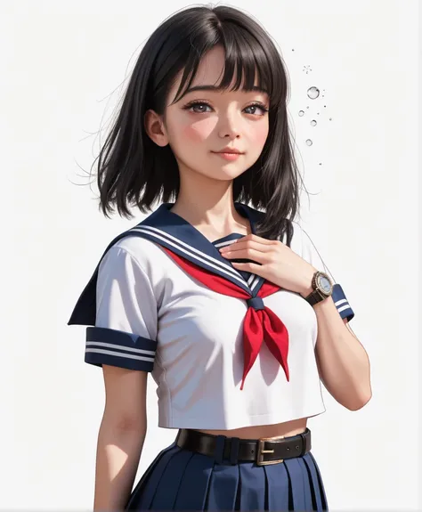 Resolution Image,  best quality , (A beautiful Korean female student１Please describe a person ), (blush:0.8),(Drunk:1.1),Real Skin,skinny body, small breasts,  shiny black hair , super detailed round eyes,(( stares at the viewer :1.0)),((White background:1...