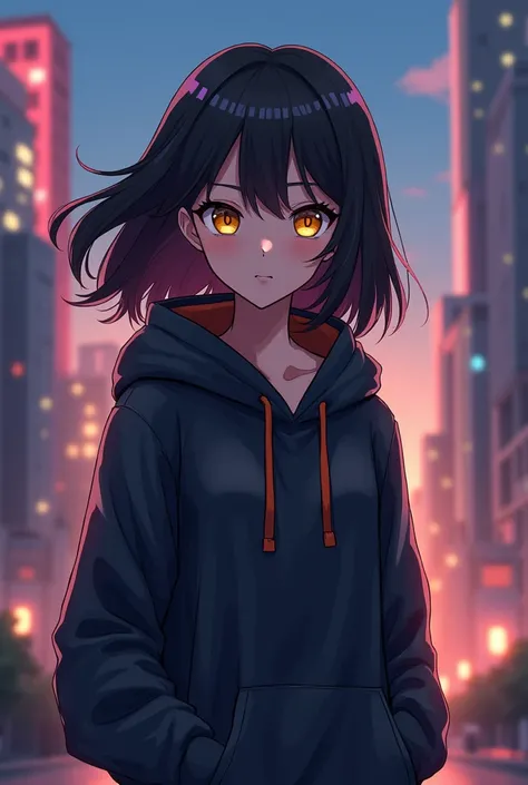 anime girl with Yellow  eyes and a in front of a city, tall anime guy with yellow eyes, anime girl, Young woman anime, anime style character, 2d anime style, In an anime style , 4k anime style, , Cyberpunk anime girl with hoodie, anime female style,  in an...