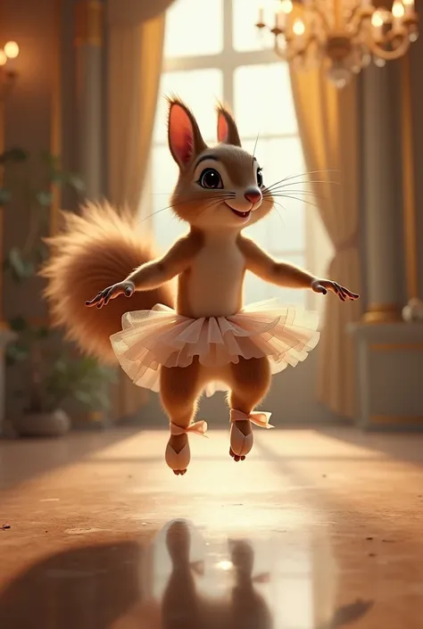 ballerina squirrel in pointe shoes in a grand jumping