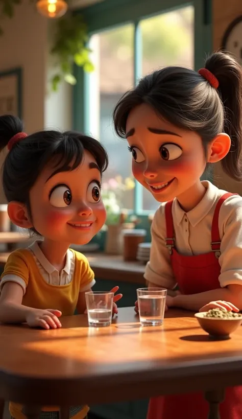 A very clear ultra HD image of "The girl giving another piece of advice, with a small glass of water and a bowl of carom seeds (ajwain) on a nearby table. The waiter listens with a puzzled expression, Pixar style cartoon."