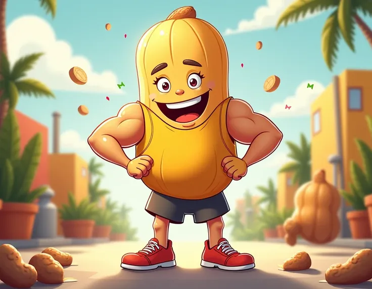 nutrition company mascot for peanut guy who is happy and pumped up