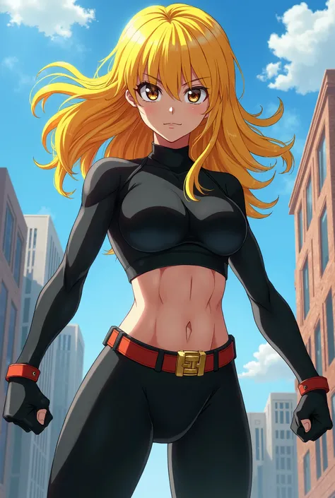  My Hero Academia style , Anime girl, female, young female ,    full body shot  ,(Fighting pose:1.3),  Long hair, Yellow Hair,    Brown Eyes   ,  hero suit, Full Body Suit, Black suit, perfect anatomy, Super detailed, Toughened Abs,( building :1.2）