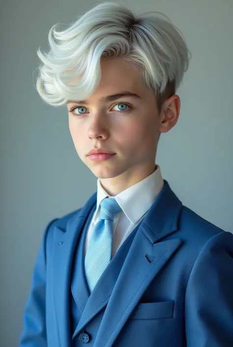 " teenage boy, extremely beautiful, with light blue eyes and white hair on both sides,  wearing an elegant blue luxury suit with tie."
