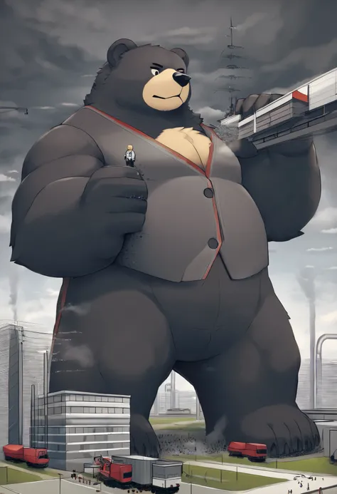  black bear ， personification ，stark，Employees, factory work clothes, Stands in front of a factory, Full body image。,(Massiv:3.0, (  heavyweight,stark,Macro, Emphasize, Is a little work colleague holding in his hand))