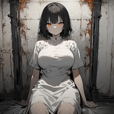 masterpiece, best quality, 1 girl, long black hair with orange highlights, orange eyes, expressionless, large perky breasts, asylum room, plain white medical dress, sitting on bed