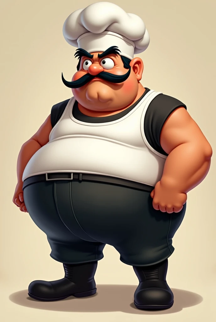 a story about: Peppino is a portly, middle-aged Italian chef who wears a white toque, a white tank top over a black t-shirt, black pants and boots. He has black short, messy hair and a small mustache under his long nose. His main emotions are anger and fea...