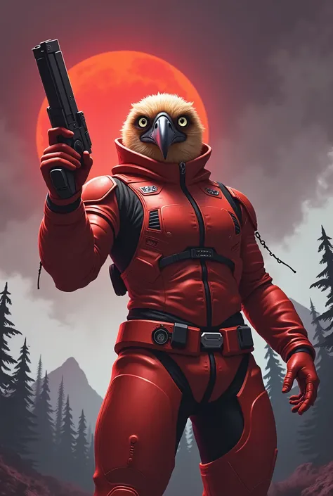 masterpiece, best quality, alien, (half-eagle, eagles head), male focus, solo, solo focus, dynamic standing pose, beak, white with red accents cyperpunk spacesuit with matching gloves and boots, (holding a pistol, dl44blstr), night time, forest backdrop, r...