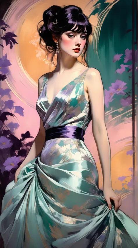 (thick and bold) ink sketch technique on sensual illustration of an elegant bride (((medium hair with bangs:1.4、Beautiful bangs) , vintage ,silky dress, matte painting, by John Singer Sargent, by Harumi Hironaka, extremely soft colors, dark fashion , Tiffa...