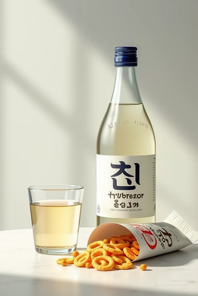 Create a realistic picture of a open soju with glass with a open nova crackers 
