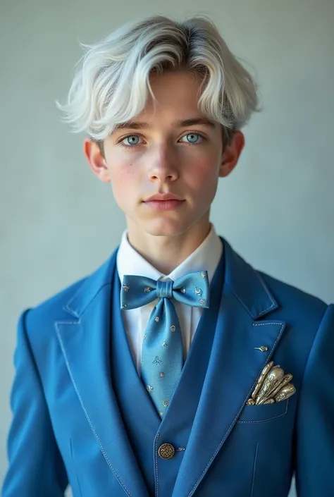 " teenage boy, extremely beautiful, with light blue eyes and white hair on both sides,  wearing an elegant blue luxury suit with tie."
