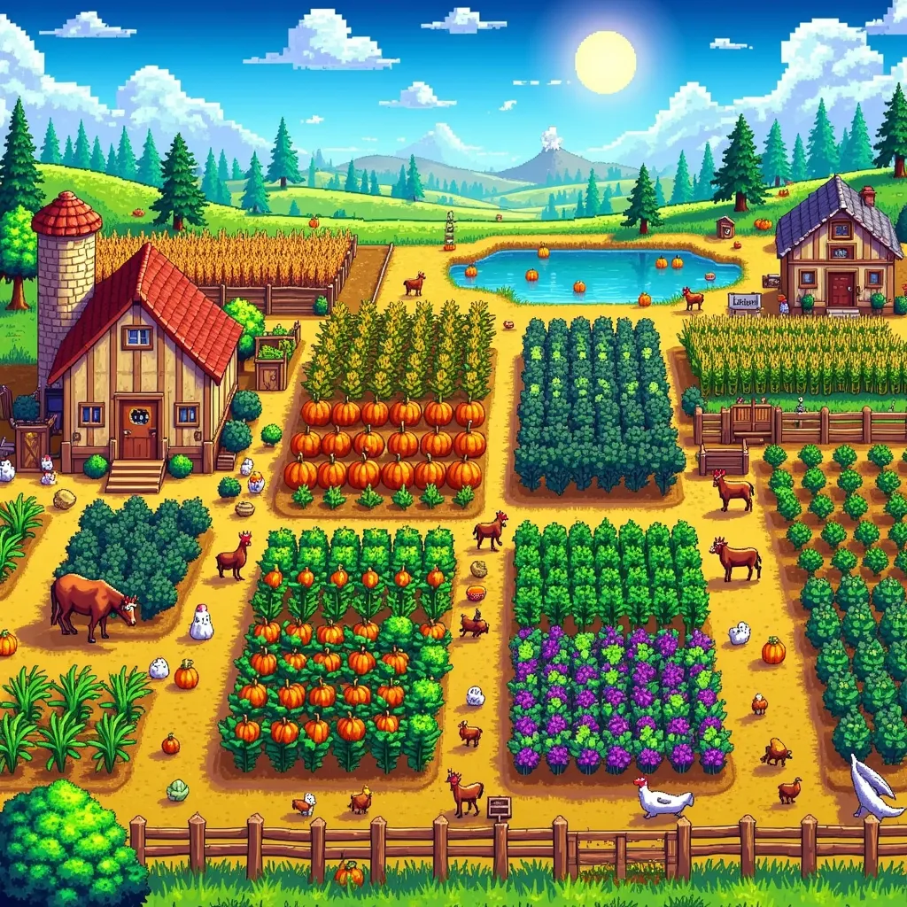 a picturesque landscape of a farm from a top-down perspective, reminiscent of the charming pixel art style seen in the popular v...