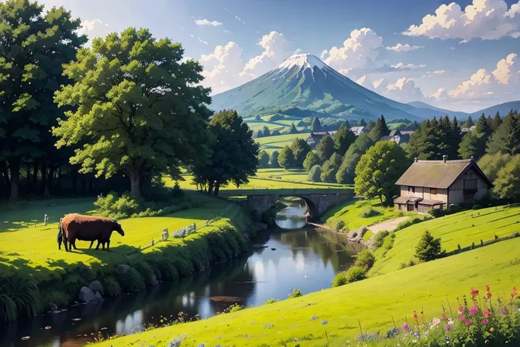 Detailed Japanese countryside landscape, idyllic Japanese countryside, rolling green hills, lush meadows, winding rivers, quaint villages, thatched huts, stone bridges, grazing sheep, in the fields Working peasants, warm sunlight, soft colors, impressionis...