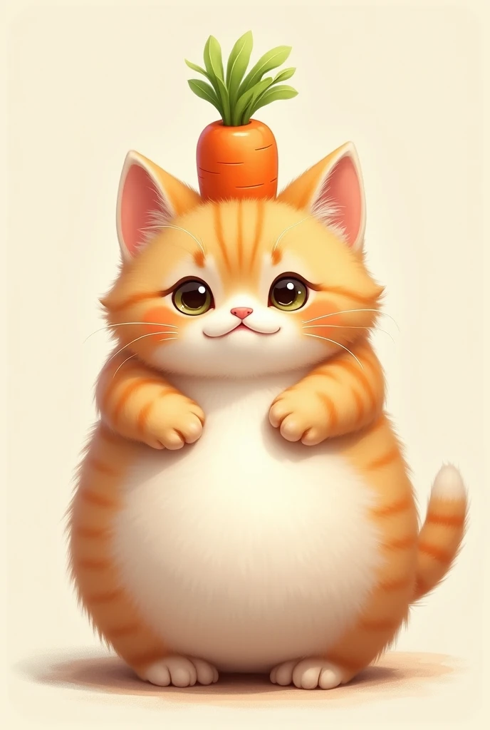 A cute kitten is standing wearing a carrot and her stomach is plump and cute