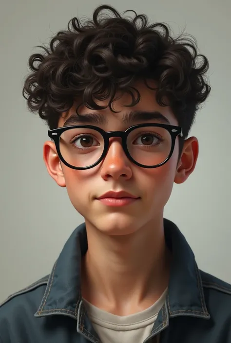 Create , image of an eighteen-year-old boy, with dark olive-colored skin , curly and short hair , black glasses and Albanian appearance 