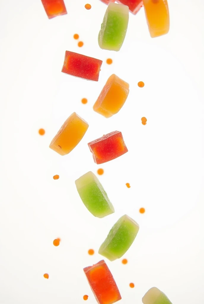 Some full-packing gummies falling as if they were raining on a white background