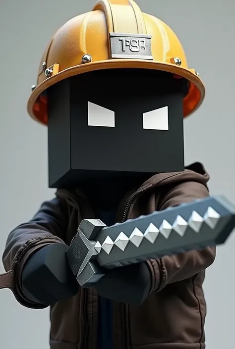 A minecraft black body and face with white eye skin with construction hat and jacket holding a holding a diamond sword (showi only head and body of the character donot show legs) make it like a player  