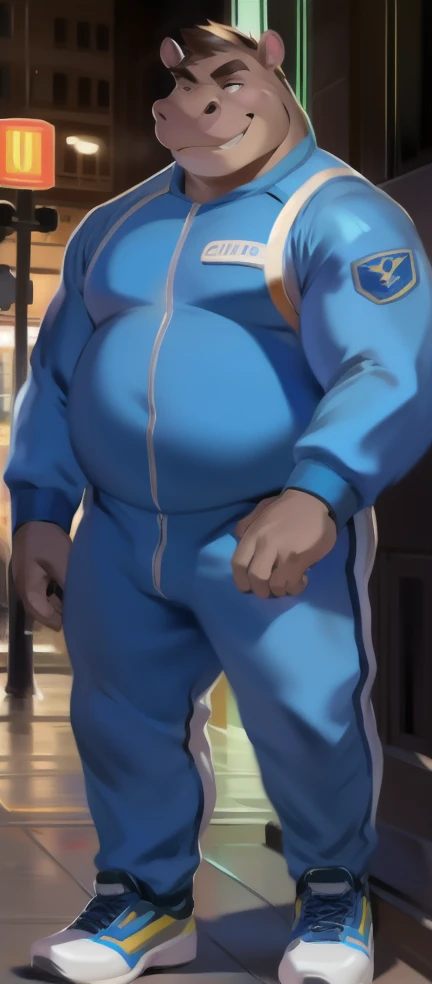 Solo, male, standing, street, hippo, blue military spacesuit, overweight, muscular, smirking, by chunie