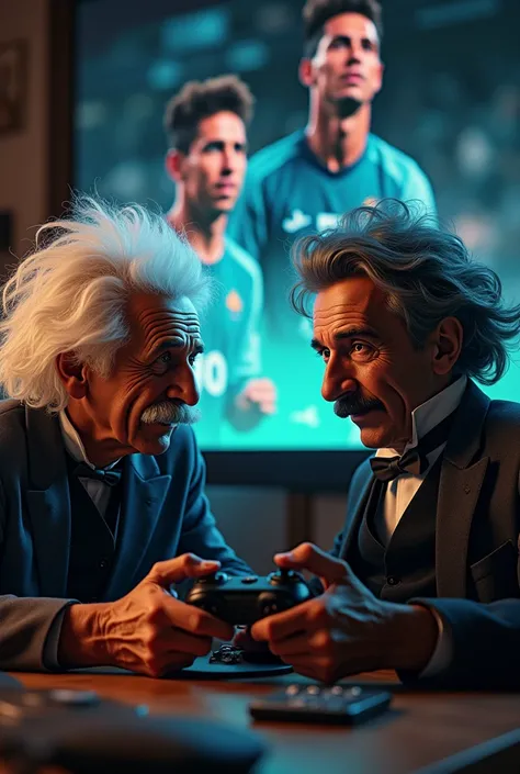 Albert Einstein and nikola Tesla are playing PS5 in a room that has a picture of Messi and crstiano Ronaldo