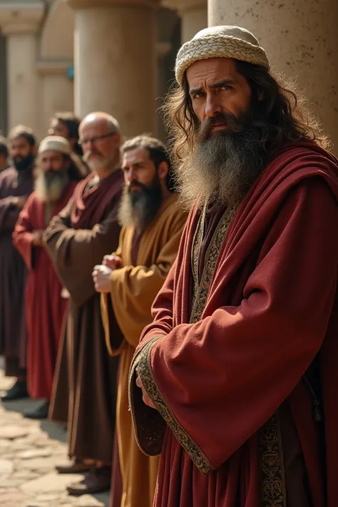 A group of Pharisees watching from the side, their expressions a mix of disapproval and curiosity.
