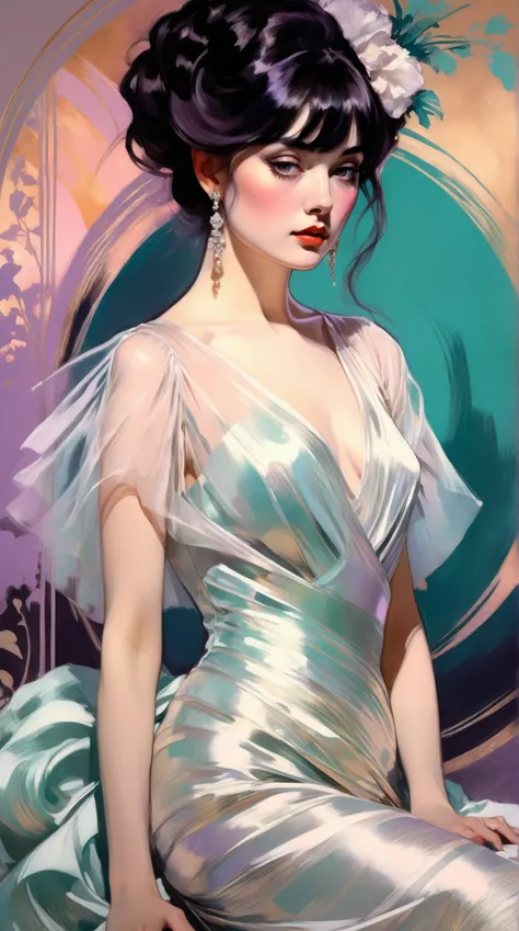 (thick and bold) ink sketch technique on sensual illustration of an elegant bride (((medium hair with bangs:1.4、Beautiful bangs) , vintage ,silky dress, matte painting, by John Singer Sargent, by Harumi Hironaka, extremely soft colors, dark fashion , Tiffa...