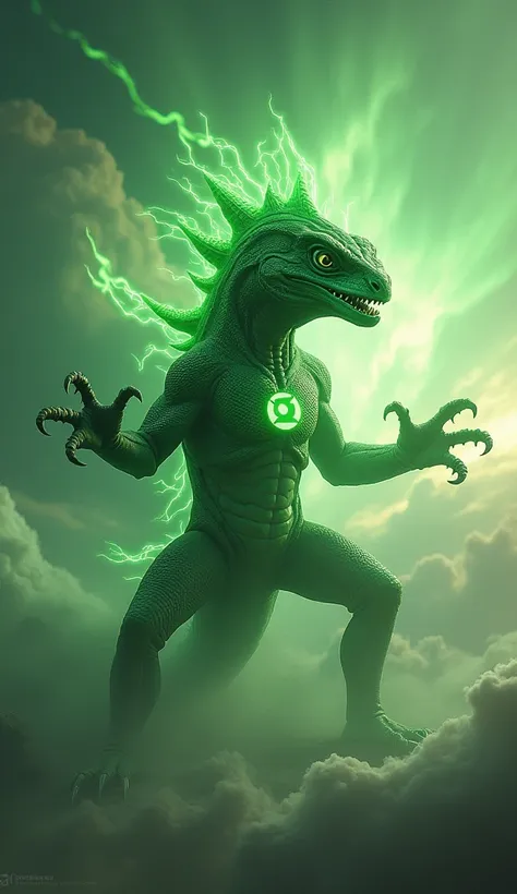 A scary realistic fusion of a lizard and a green lantern in a sky background