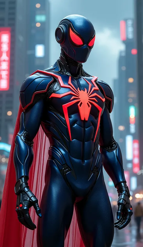 A a blend between mech and organism, a human cyborg hybrid, futuristic superhero with an athletic build, wearing a sleek metallic blue bodysuit that appears almost black in low light. The suit features a bold red spider emblem that spreads across the chest...