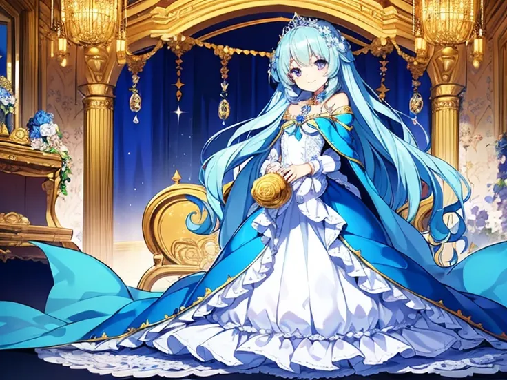 kawaii, best quality, rococo style,(long train blue cape:1.15), very long cape,(long train white ball gown with flower decorations:1.1), a girl is wearing a cape over her gown, 1 little princess, tiara, smile, very long hair, small breasts, looking at view...