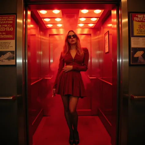 Time Travel advert. Swedish girl. French New Wave. Smoking a cigarette. Elevator with a mirror. Trippy. Red neon lights. Sexy. Socialist. travel agency advert. sign that says "Time Travel Pills: 1950s". Sign: "Do you miss smoking in the elevators?" There i...