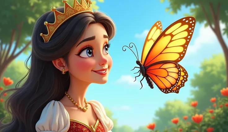 A playful cartoon-style scene where a colorful butterfly hovers near the queen’s face. The queen shyly smiles as the butterfly flutters close to her. The background features a mix of trees and a clear blue sky.
