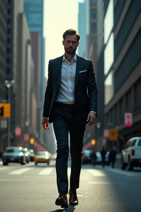 A man walking in a street looking professional cinematic effect camera focusing on man