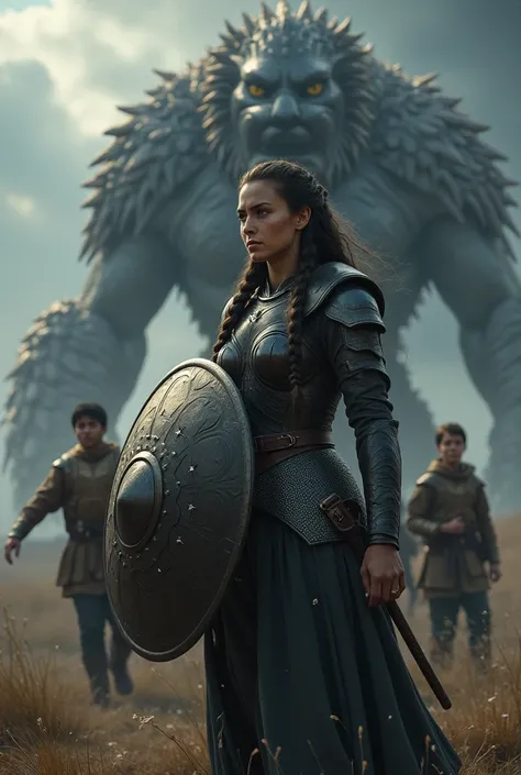 A beautiful Valkyrie with braided dark hair is fighting off a monster attack with a shield to protect the boys behind her