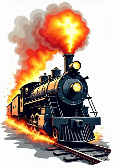 A dynamic vector illustration of a steam engine train charging forward, with intense fire and flames erupting from its smokestack and trailing behind in a dramatic display of power. The train features a bold, metallic body in shades of black and gray, with...