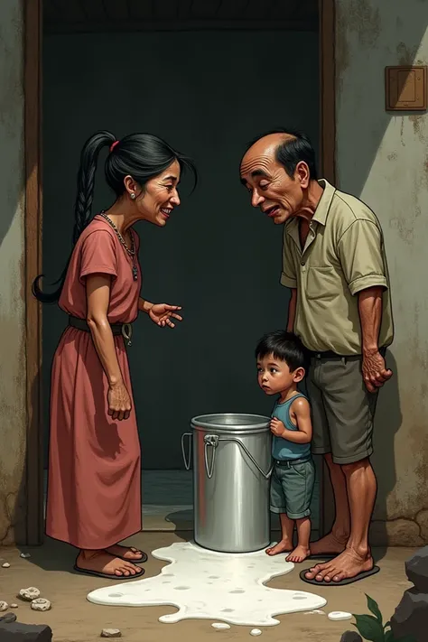  Poors house .  Separator lets milk through .  Skinny woman laughs at her husband. bitch. Husband is tired .  ren look at mom cautiously .