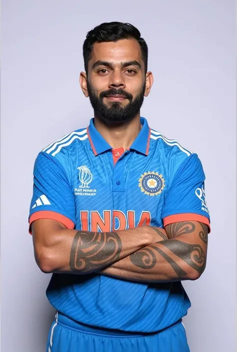 Generate a highly realistic image of a man inspired by a famous Indian cricketer. Provide me ai image of the attached image but should look like him only.