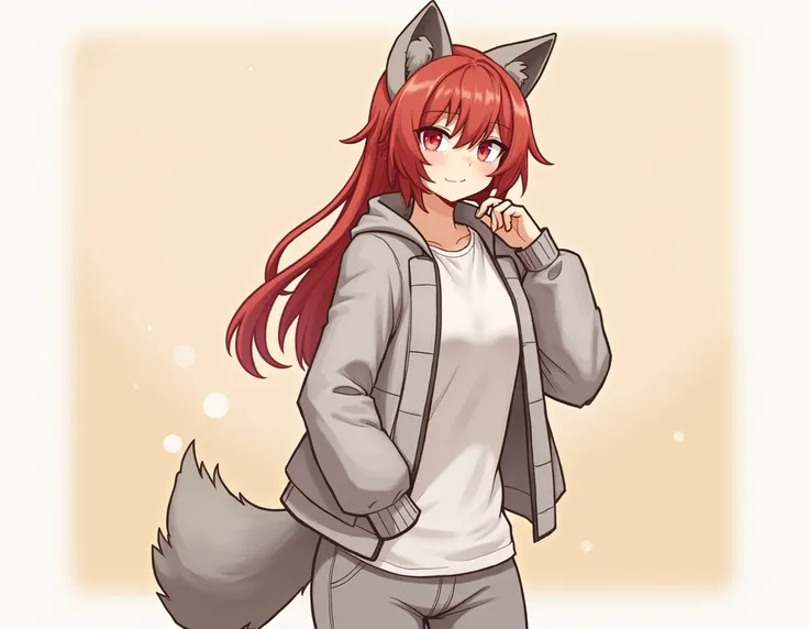 Enkydu, in her simpler form, is a female anthropomorphic wolf character with gray fur, red eyes, and long red hair. Her hairstyle features a slightly wavy texture with a natural flow, giving her a more relaxed and approachable appearance. The fringe is lon...