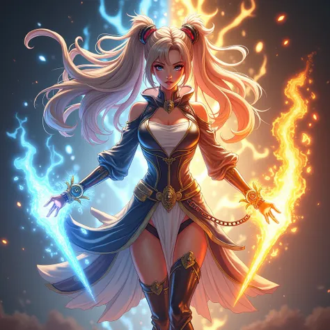 "A captivating manga heroine mid-transformation, surrounded by radiant energy and glowing patterns. She wields twin energy blades that shift form as she transforms, symbolizing her fluid adaptability. Her outfit transitions between two distinct styles, ble...