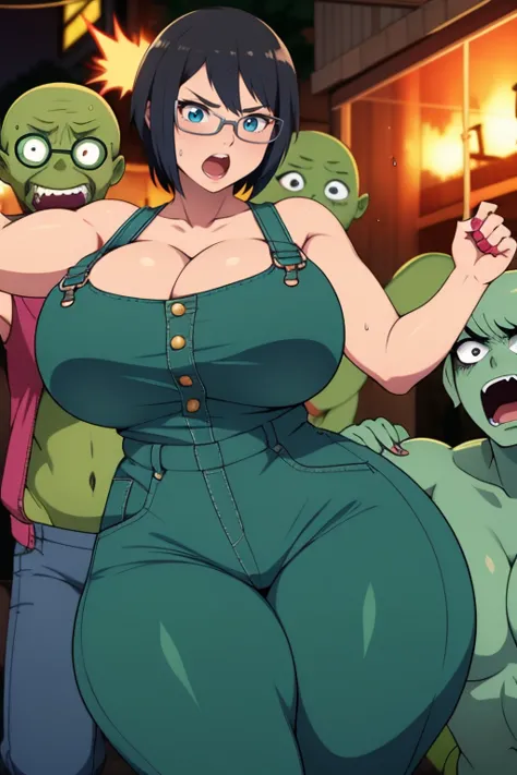 shizune, 1girl, ((bimbo))), short black hair, glasses, painted lips, wide hips, thick thighs, huge ass, bimbo face , enormous hu...