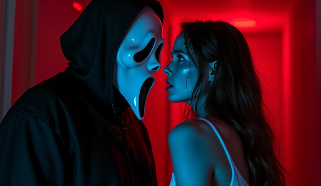 a human young hansome man wearing a ghost face mask form movie "scream" with an alien blue girl with long hair. she is scared. dark red atmosphere. gothic