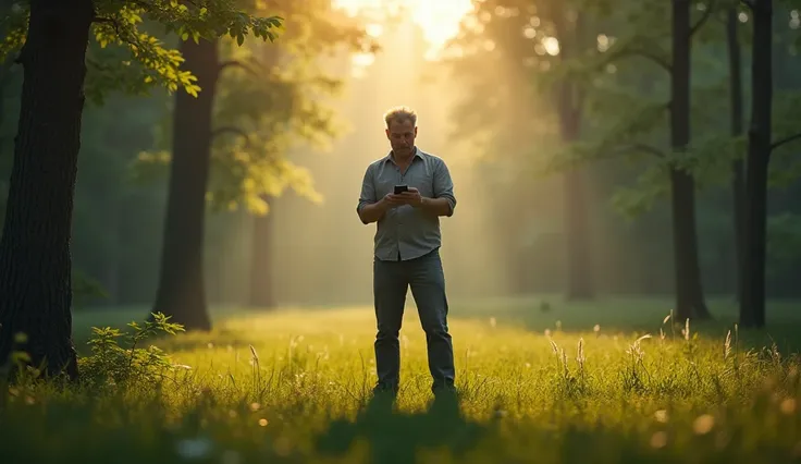 Middle-aged man in the middle of a clearing in the woods in the afternoon with his cell phone in his hand scared of feeling watched