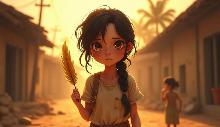 4k, A young girl with simple features, about 13-. She has long, dark hair tied in a messy braid, with some loose strands framing her face. Her skin is sun-kissed, showing the effects of outdoor labor. She is dressed in a plain, worn-out cotton dress, faded...