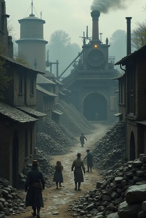 A gritty, 18th/19th-century cobblestone production facility set in a shadowy, industrial world driven by strategic maneuvers and political intrigue. The scene is bathed in a dusky, muted light, with towering stacks of rough-hewn stone and piles of cobblest...