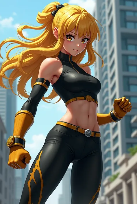 My Hero Academia style , Anime girl, female, young female ,    full body shot  ,(Fighting pose:1.3),  Long hair, Yellow Hair,    Brown Eyes   ,  hero suit, Full Body Suit, Black suit, perfect anatomy, Super detailed, Toughened Abs,( building :1.2）