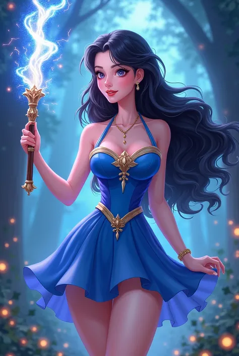 Animated character 19years old girl with long 25cm
magic lighting wand black wavy short hair queenly blue short dressed 
