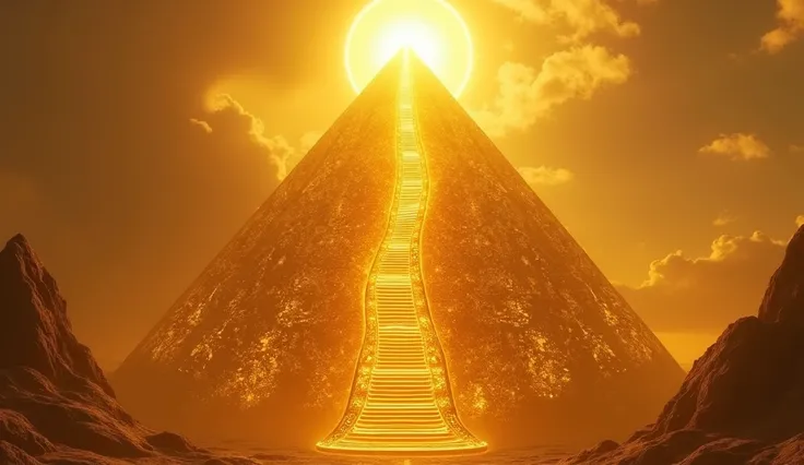  A long staircase surrounding the Solar Pyramid , made of a translucent golden material . Small burning symbols are engraved on each rung.
