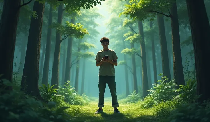 Young man in the middle of a clearing in the woods in the afternoon with his cell phone in his hand Looking around scared of feeling watched