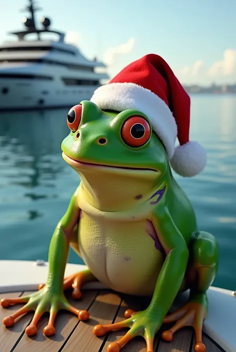 a hyper realistic frog the pepe with a christmas hat  with a beautiful background on a yacht